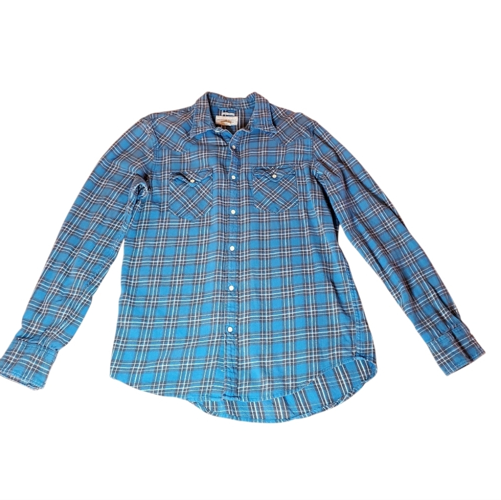 Denim & Supply Blue and Brown Plaid Snap Boyfriend Shirt Size L Large